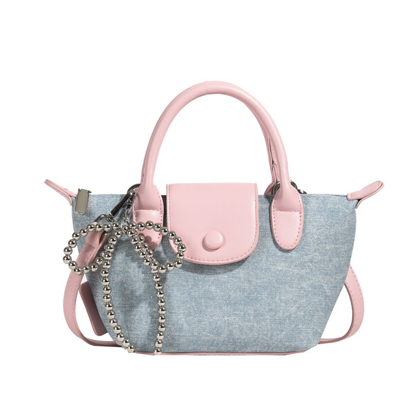 Denim Dumpling Style Handbag - Shoulder Purse with Beaded Strap